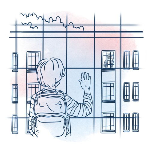 Kind steht vorm Gitter und winkt. Ein Mann sieht man in einem Fenster der auch winkt.