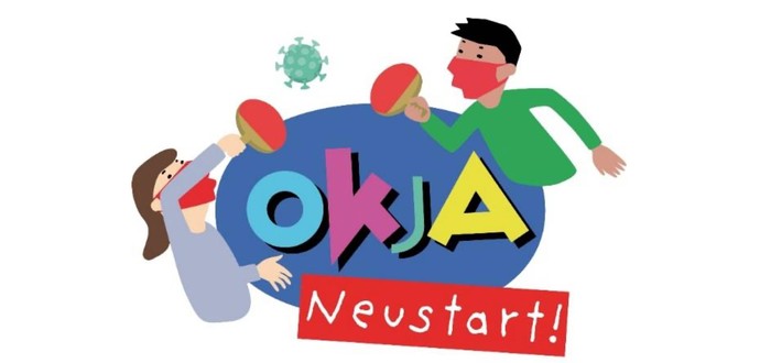 Logo von OKJA Neustart: Strichzeichnung von zwei Kindern, die mit dem Coronavirus Tischtennisspielen