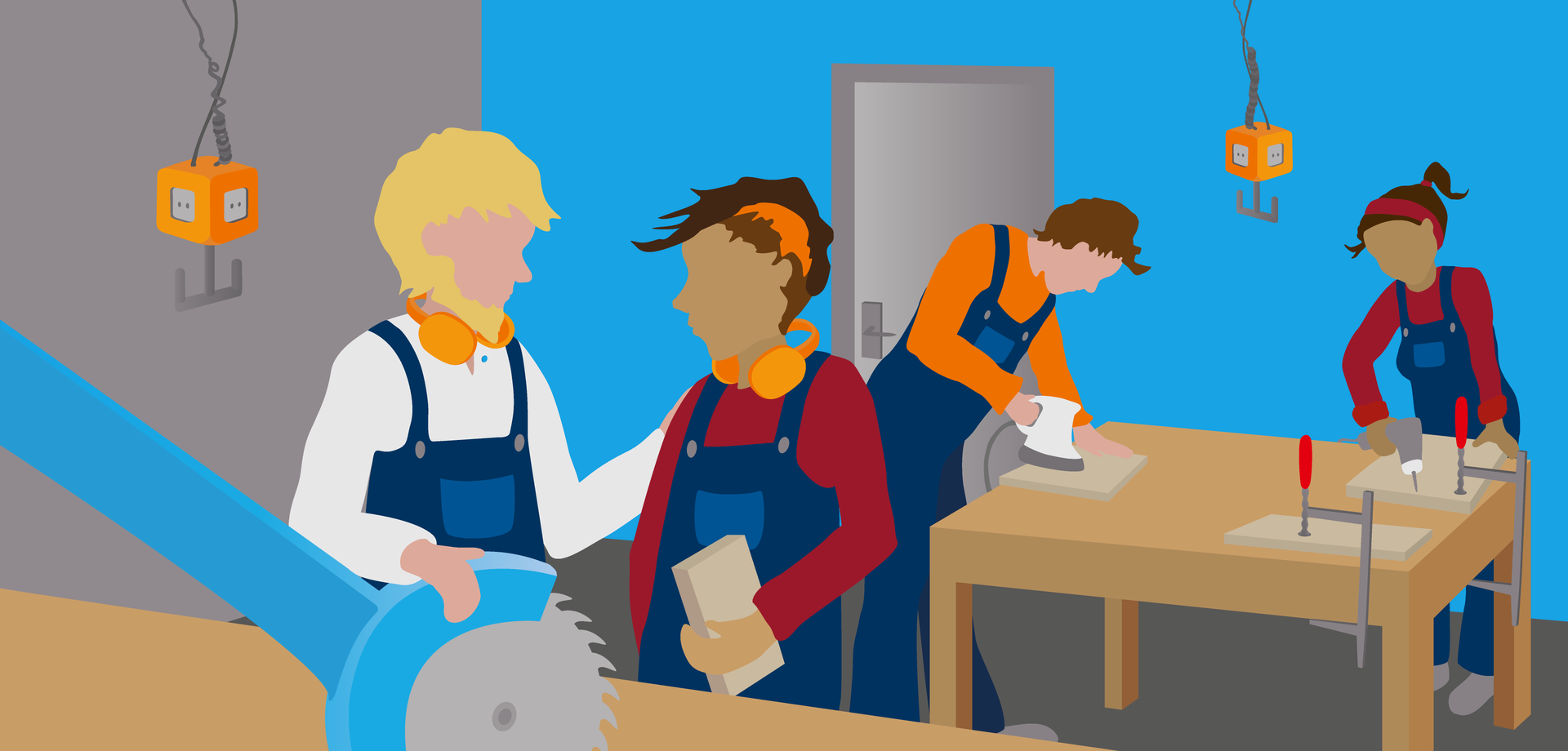 Illustration einiger Jugendlicher und eines Werkstattlehrers in einer Holzwerkstatt.