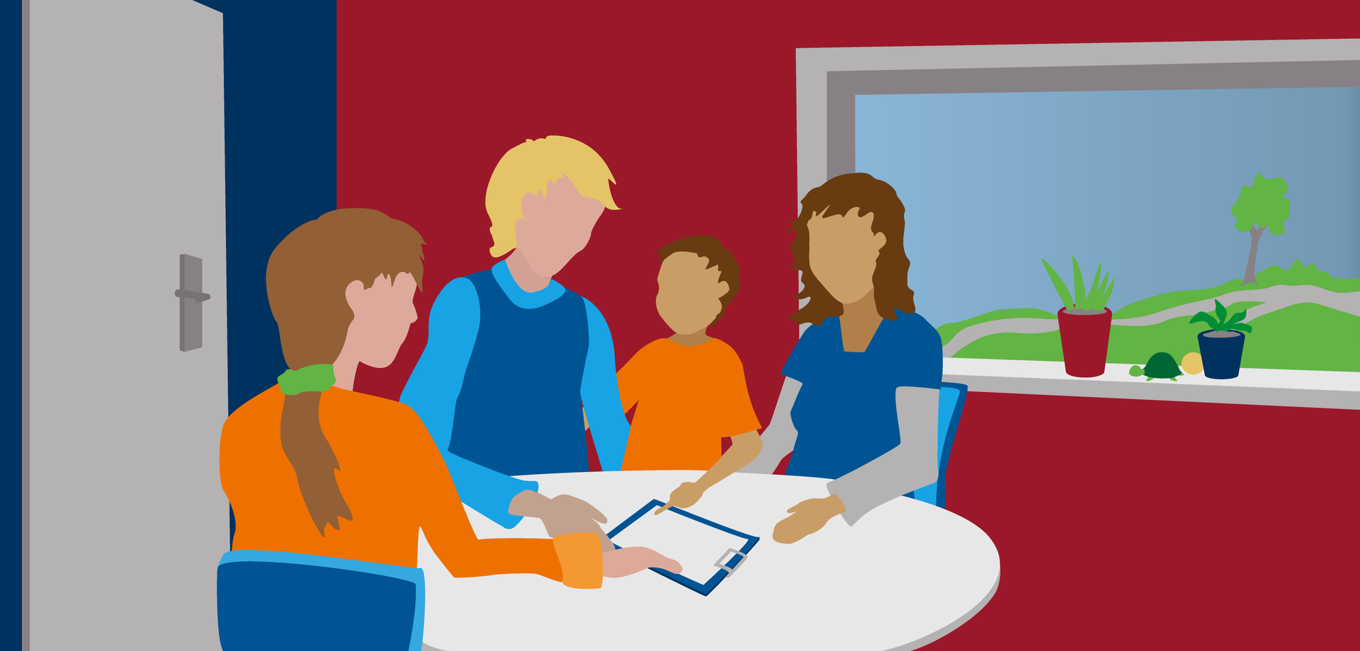 Illustration eines Hilfeplangespräches mit Jugendamtsmitarbeiterin, dem Kind im Mittelpunkt und seinen Eltern.