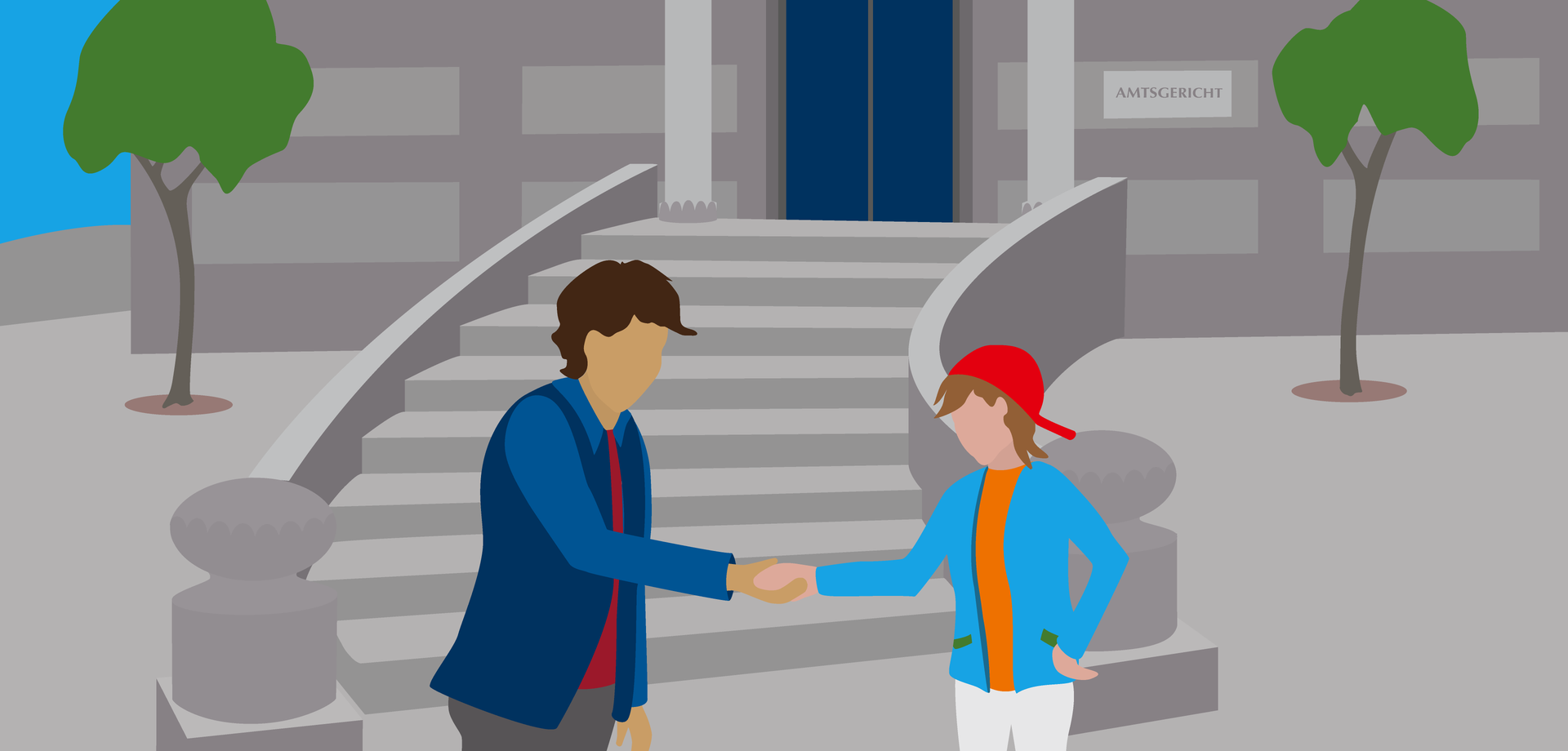 Illustration eines Jugendamtsmitarbeitenden und eines Jugendlichen vor einem Gerichtsgebäude