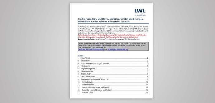Titelseite und Inhaltsverzeichnis der Materialliste zur Beteiligung von Kindern, Jugendlichen und Eltern im ASD