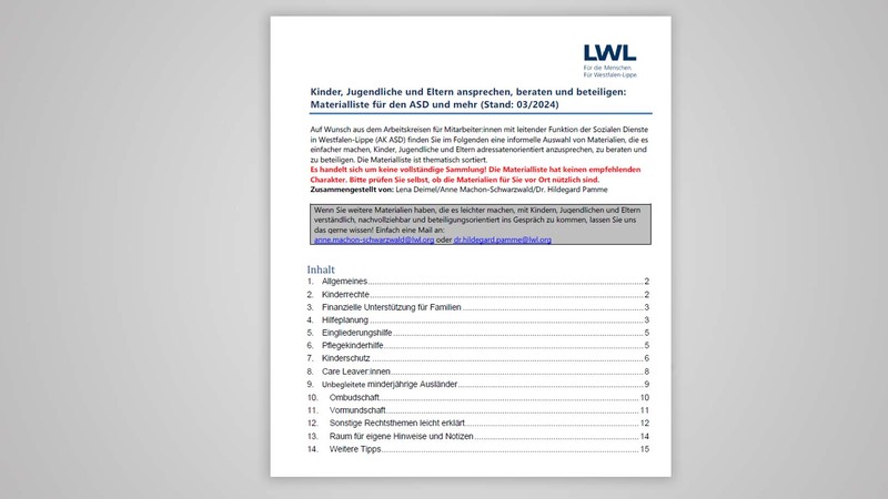 Titelseite und Inhaltsverzeichnis der Materialliste zur Beteiligung von Kindern, Jugendlichen und Eltern im ASD