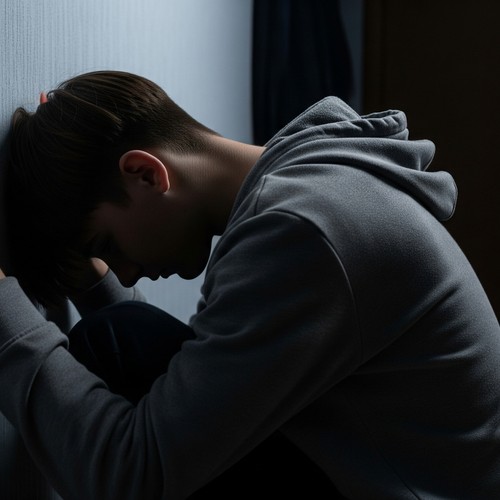 Junge mit dem Kopf an der Wand