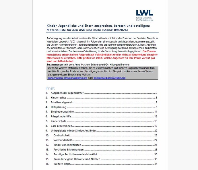 Titelseite und Inhaltsverzeichnis der Materialliste zur Beteiligung von Kindern, Jugendlichen und Eltern im ASD