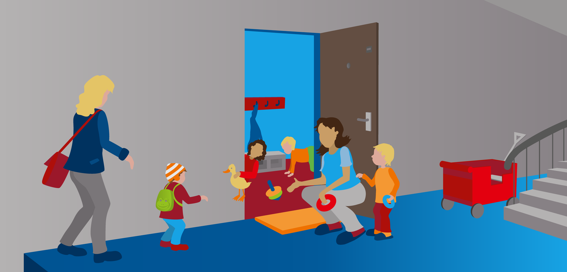 Illustration:Begrüßungssituation eines Kindes bei der Tagesmutter im Treppenhaus.