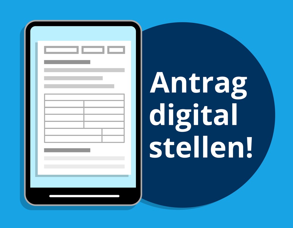 Illustration eines Tablets mit der schematischen Darstellung eines Formulars. Daneben steht die Botschaft "Antrag digital stellen!"