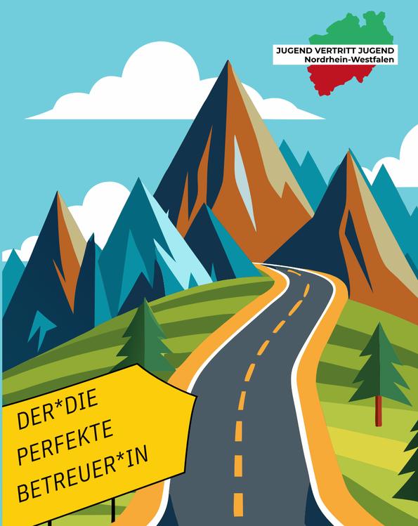 Ein Wegweiser mit der Aufschrift "Der*die perfekte Betreuer*in" zeigt auf eine Straße die zu einer Berglandschaft führt.