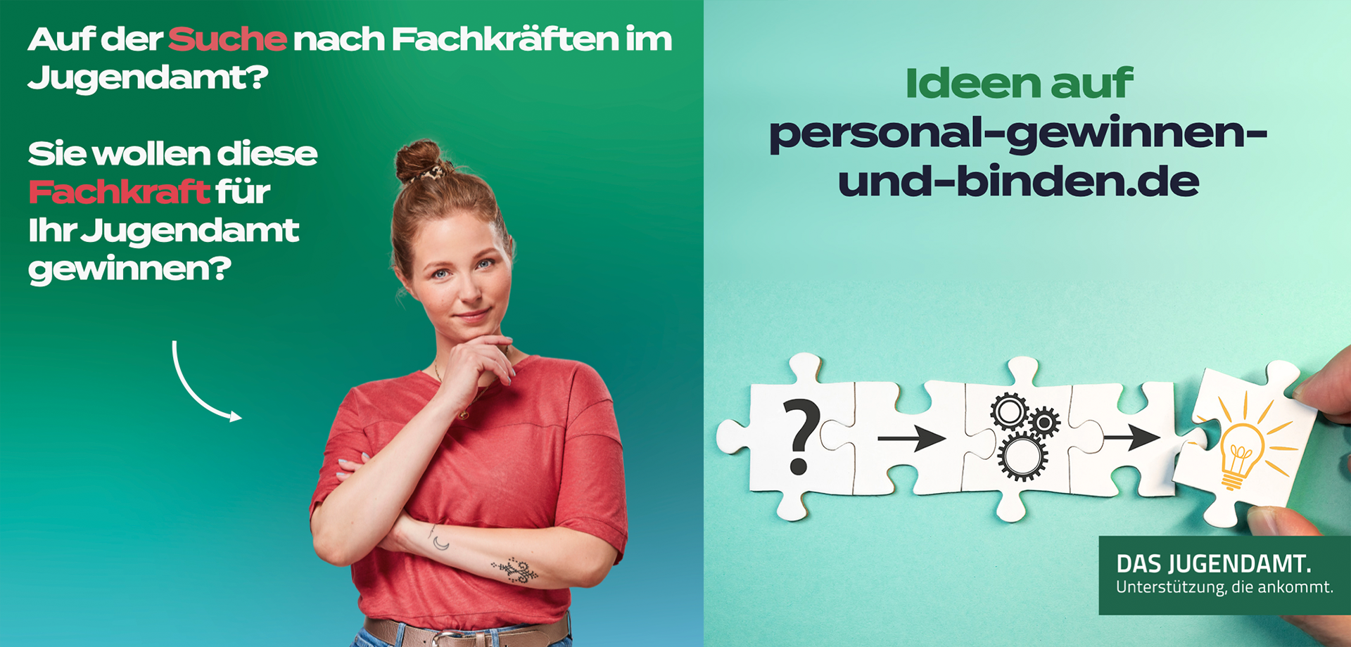 Eine junge Frau, über der der Text steht "Sie wollen diese Fachkraft für Ihr Jugendamt gewinnen?"